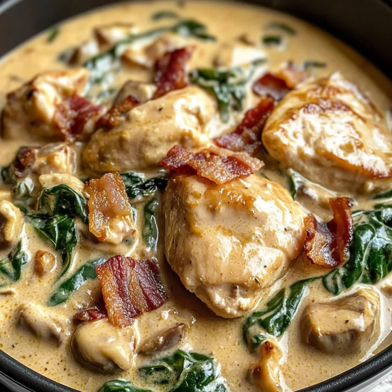 Creamy Chicken Stroganoff with Crispy Bacon and Wilted Spinach