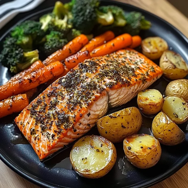 Garlic-Herb Salmon with Roasted Potatoes, Glazed Carrots & Broccoli
