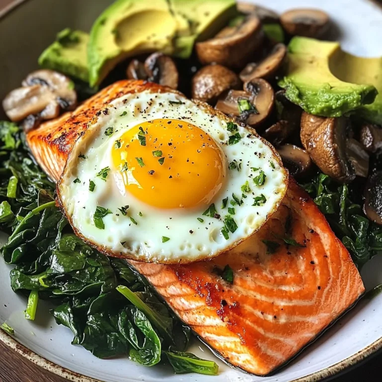 Pan-Seared Salmon with Sunny Egg, Sautéed Spinach, Mushrooms & Avocado
