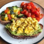 Rainbow Avocado Toast with Scrambled Eggs & Veggie Medley