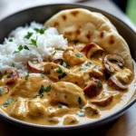 Creamy Chicken Curry with Golden Mushrooms, Rice & Warm Naan