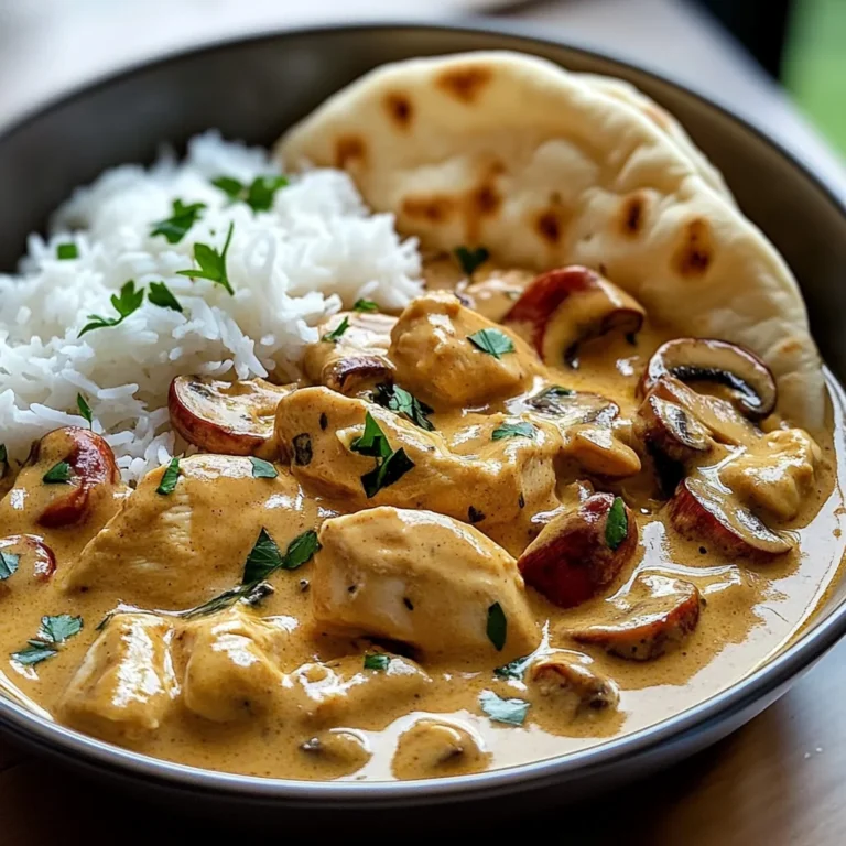 Creamy Chicken Curry with Golden Mushrooms, Rice & Warm Naan