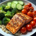 Grilled Salmon Power Plate with Quinoa & Steamed Veggies