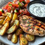 Herb Chicken with Roasted Potatoes, Tomato Salad & Yogurt Dip