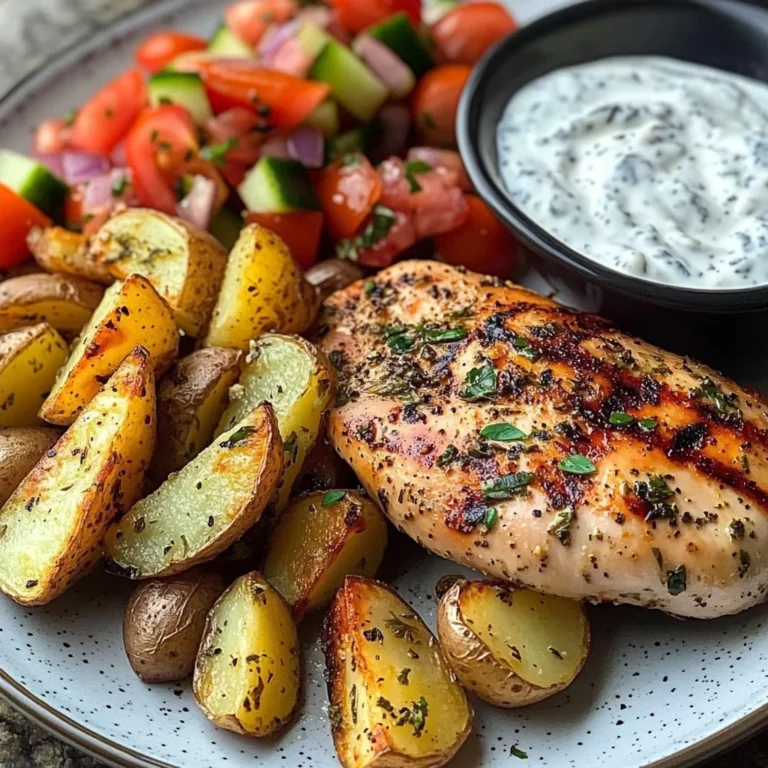 Herb Chicken with Roasted Potatoes, Tomato Salad & Yogurt Dip