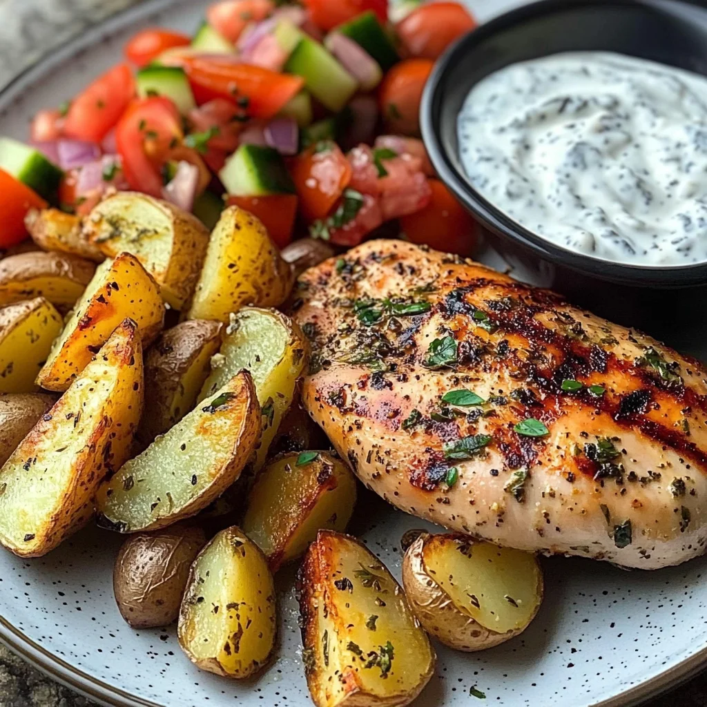 Herb Chicken with Roasted Potatoes, Tomato Salad & Yogurt Dip