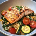 Pan-Seared Salmon on Garlic Veggie Rice Bowl