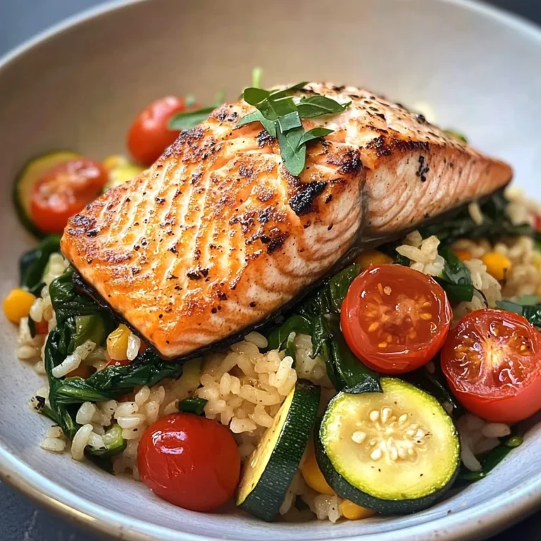 Pan-Seared Salmon on Garlic Veggie Rice Bowl