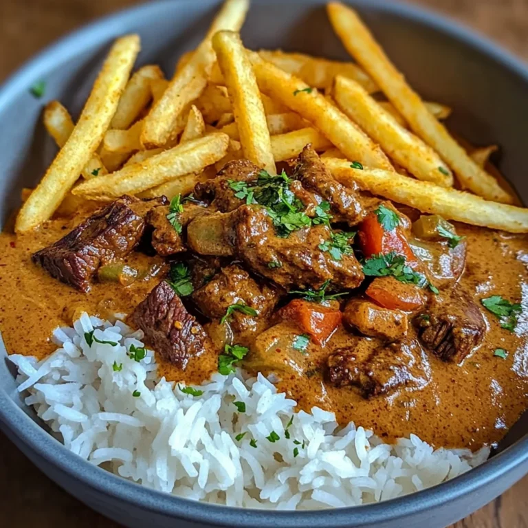 Slow-Cooked Beef Coconut Curry with Rice & Crispy Fries